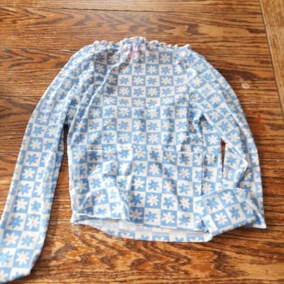lisa says gah x kjp blue mesh flower checkered top sz Small - Picture 6 of 6
